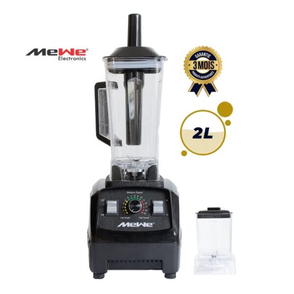 High Speed ​​Ice Crusher Blender with Surge Protection - MEWE - MWBLD-HS07BK - 1000 Watts - 2 L Bowl with 1 Dry Bowl 350 ml - 15 Speeds + Pulse - Plastic Bowls - Black - 3 Month Warranty