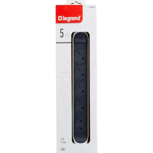 Extension cord with rotating block of 5 2P+T Surface sockets - Legrand 049450 - Switch and cord length 1.5m
