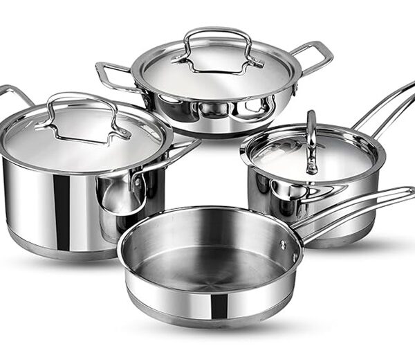 Vinod Classique Deluxe Stainless Steel Cookware Set of 4 pcs/Saucepan, Saucepot, Kadai and Frypan/Steel Utensils Cooking Set for Kitchen, Heavy Induction Bottom - 2 Year Warranty