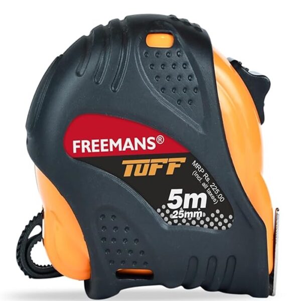 FREEMANS TUFF 5m:25mm Steel Inchi Measuring Tape - 5m with a Non Slip Rubber Covered ABS case || Double Side Printing || Click Action Front Lock and Belt Clip