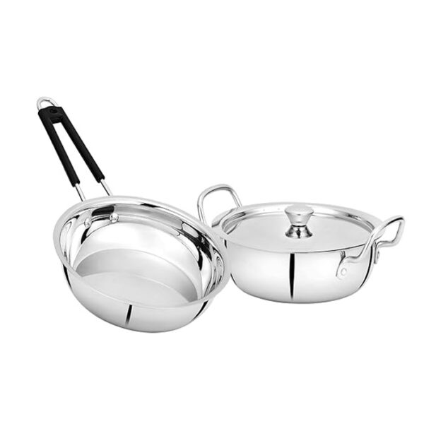 Bowls & More | Flat Bottom Stainless Steel 3 Pcs Cookware Set - 22 cm Wide kadai (2.0 L) with Lid | 22cm Fry pan (1.4L) | Induction/Flame Safe | Matt Finish (Silver)