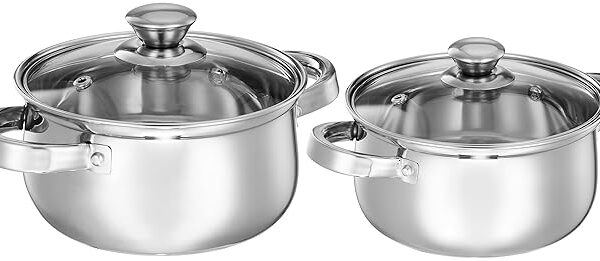 Amazon Brand - Solimo Set of 2 Stainless Steel Cook and Serve Set | Glass Lid | Dishwasher-Safe, 2L 500 ml