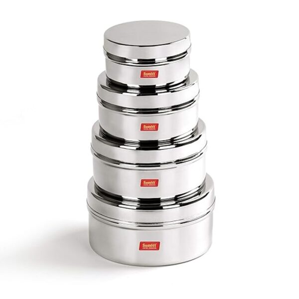 Sumeet Stainless Steel Flat Canisters/Puri Dabba/Storage Containers Set Of 4Pcs (240Ml, 400Ml, 550Ml, 800Ml), Beige