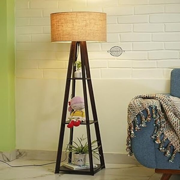 Crosscut Furniture Wooden Floor Lamp with Shelf in Dark Finish (Natural Jute) LED